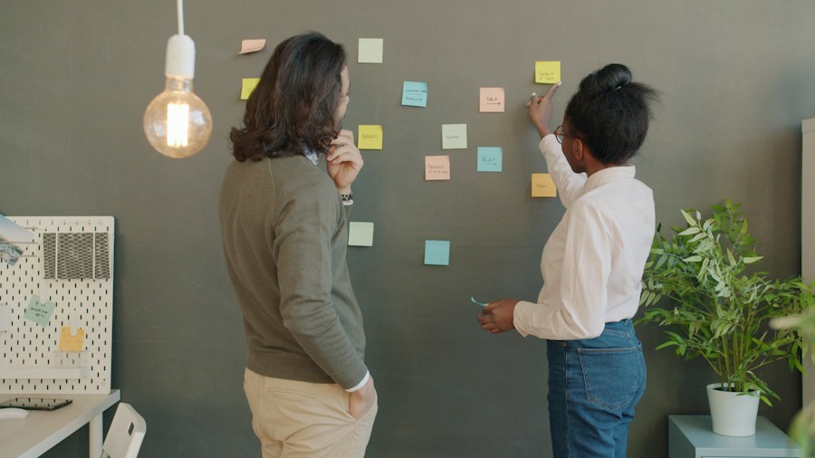 Team planning a project with sticky notes on a wall